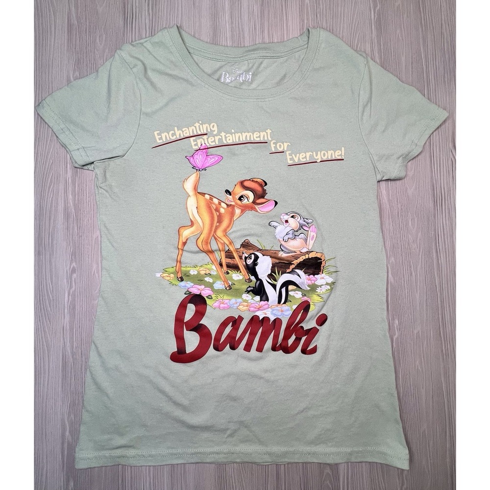 Disney Women Bambi Graphic Print Short Sleeve Sage Green T Shirt Size Medium